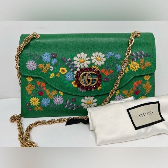 Gucci Linea Ricami Shoulder Bag Embroidered Leather Green Cat - Picture 1 of 13